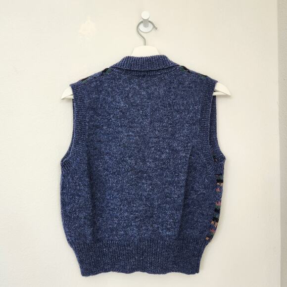 Vintage 70s The Villager Blue Fair Isle Knit Wool Sweater Vest Collared 80s S - Picture 5 of 8